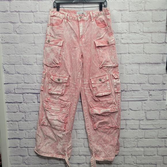 Fashion Nova Pink Acid Wash Cargo Jeans Size 11 Pockets Cinch Ankle Heavy Denim - Picture 1 of 10
